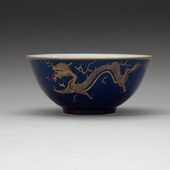 A blue glazed bowl, late Qing dynasty with Qianlong mark.