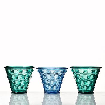 Simon Gate, a set of three pressed glass vases, Orrefors 1930.