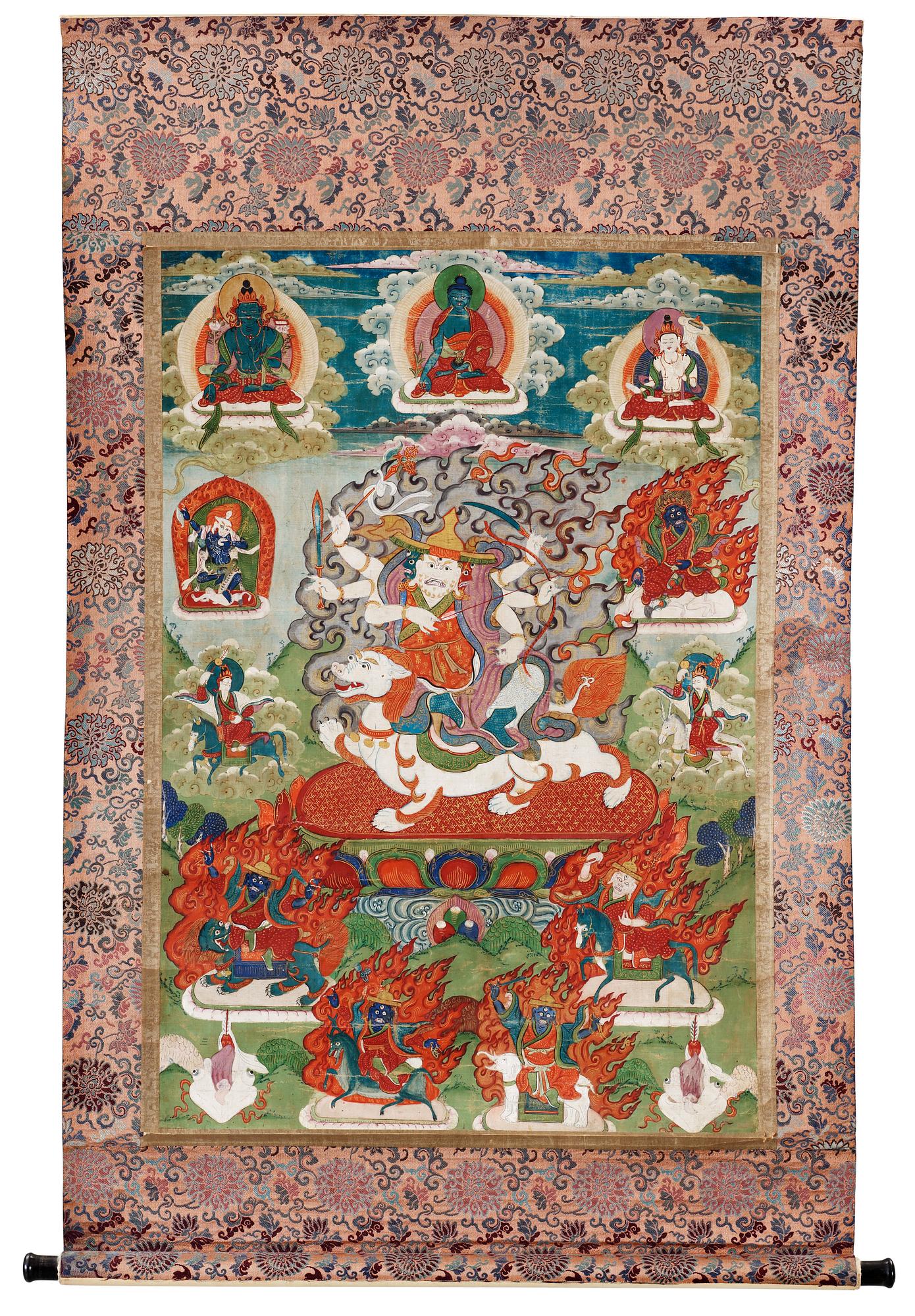 A Tibetan or Mongolian thangka of Dorje Legpa on lion, surrounded by a Buddhist pantheon, presumably 19th Century.