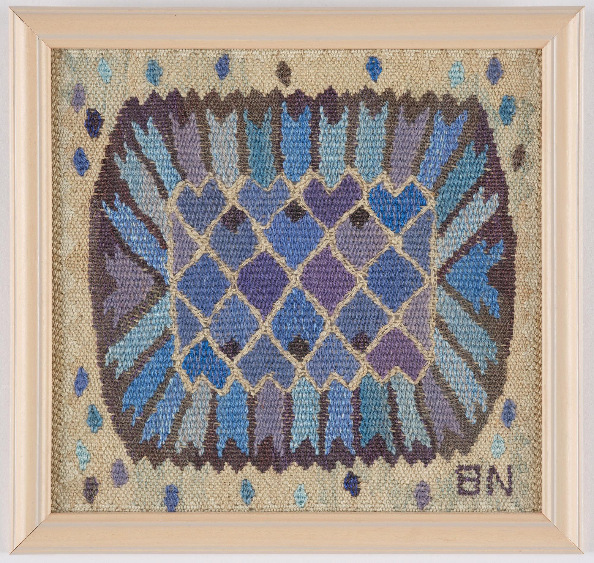 Barbro Nilsson, a 'Nejlikan, blå' textil, c. 20,5 x 22 cm, signed BN.