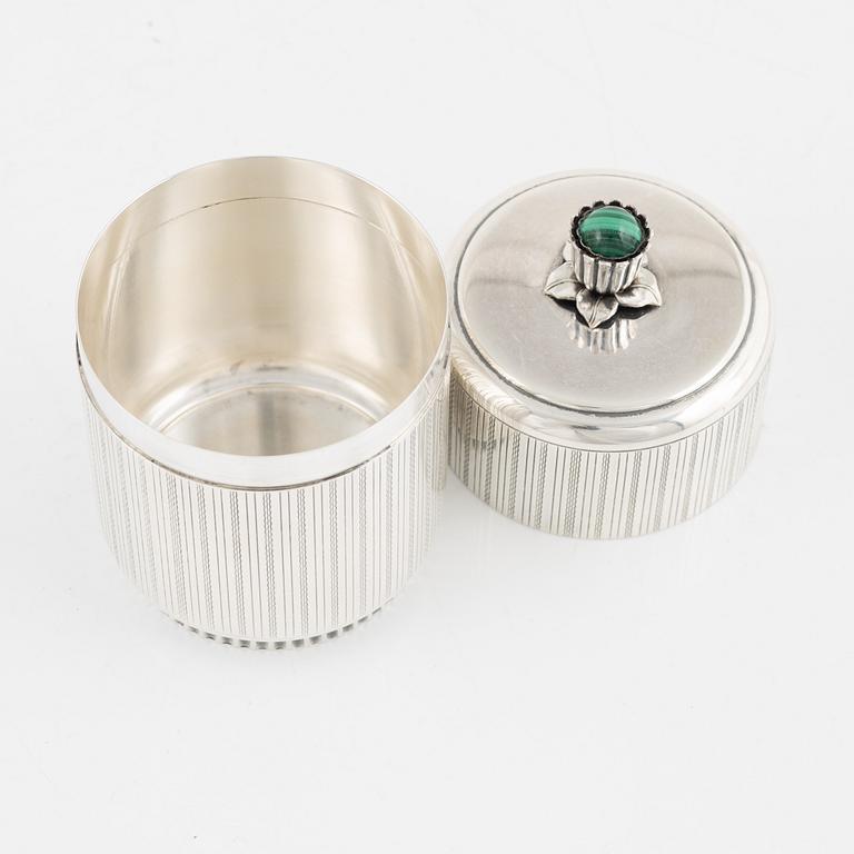 Tore Eldh, a silver and malachite lidded box, mark of K & EC, Göteborg 1951.