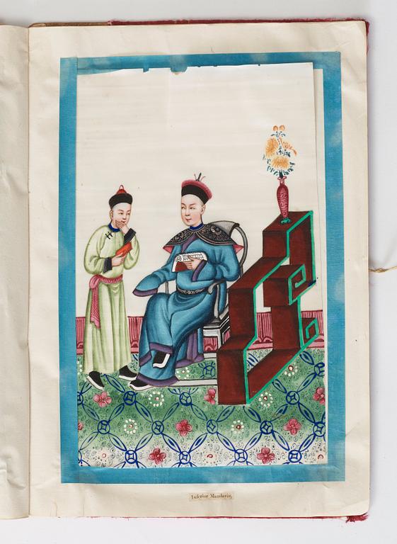Album comprising 12 export gouaches on pith paper, portraying the Chinese court, Qing dynasty, late 19th Century.