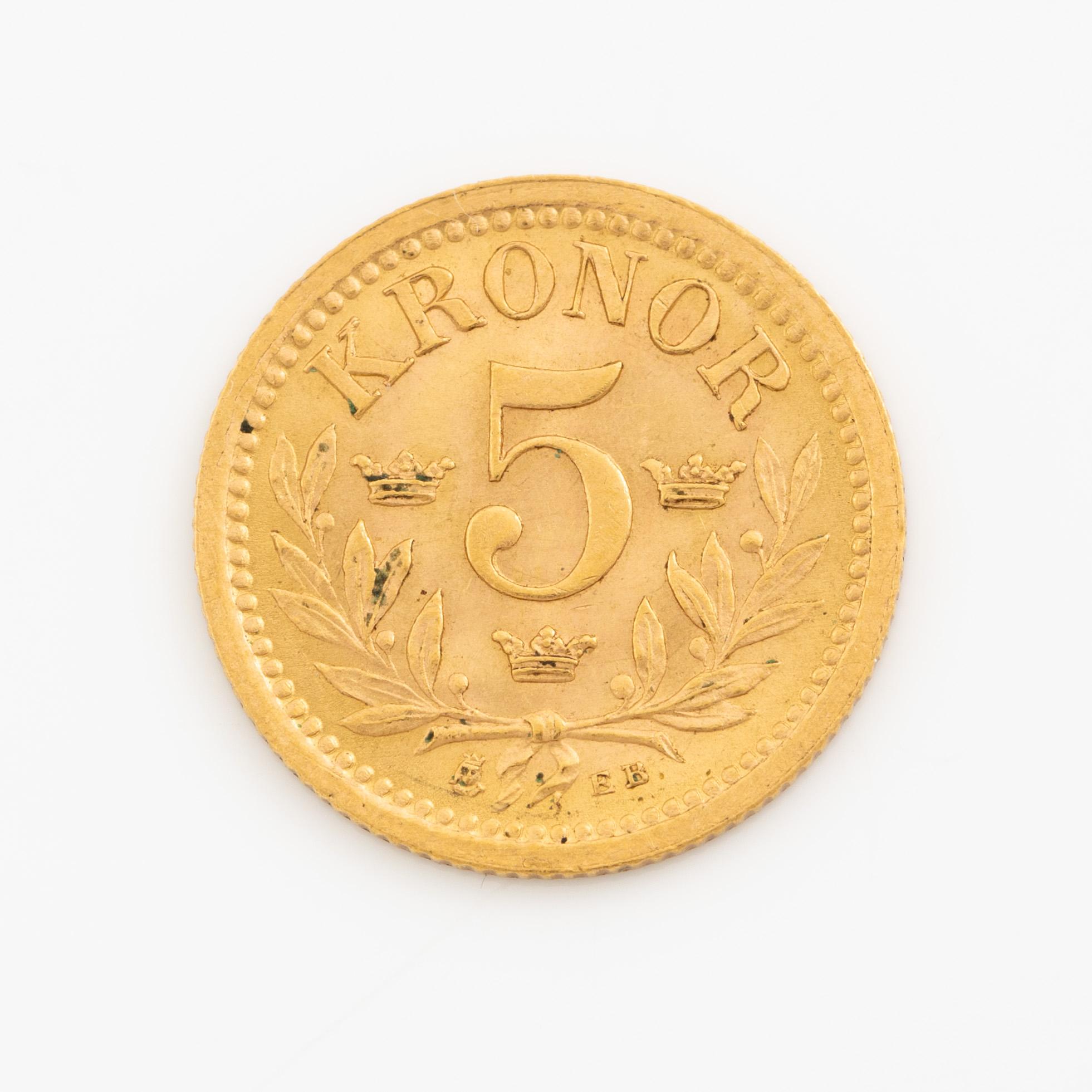 Gold coin, Sweden, Oscar II 5 kr, 1901.