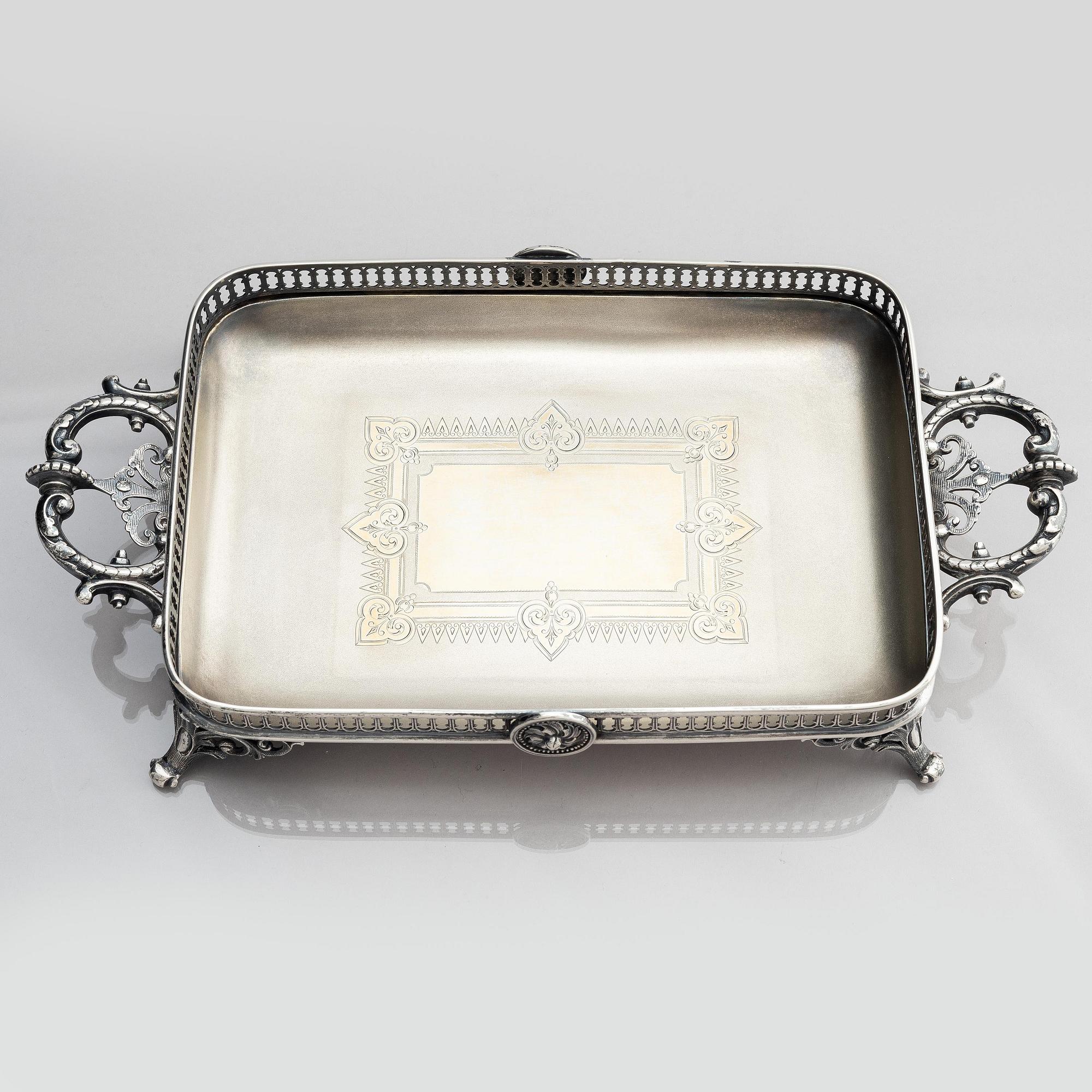 Gustaf Möllenborg, visitkortsbricka, silver, Stockholm 1882.