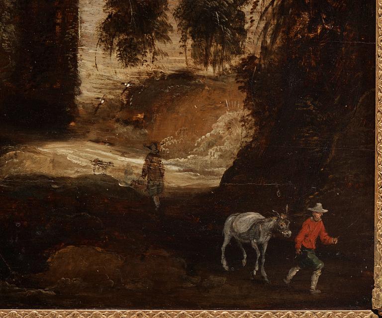 Unknown artist 17/18th Century. River landscape with buildings along the beaches.