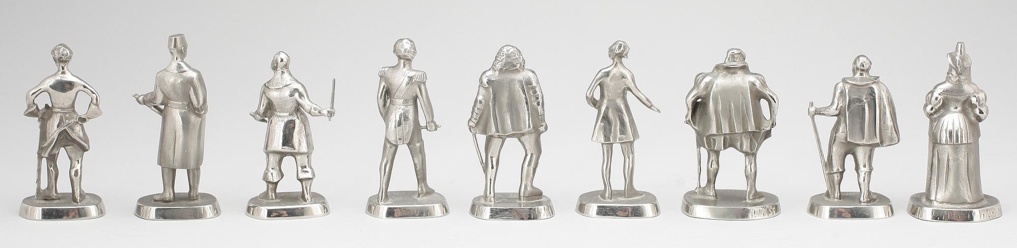 SKULPTURER, 9 st, vitmetall, Svensk regentlängd, efter Allan Ebeling, 1900-tal.