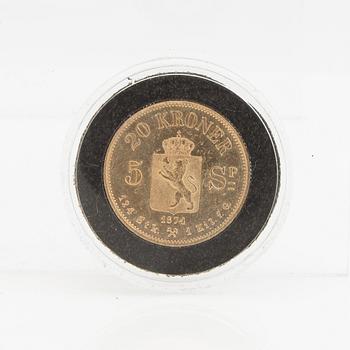 Guldmynt Norge, Oscar II 20 kr 5 Speciedaler, 1874.