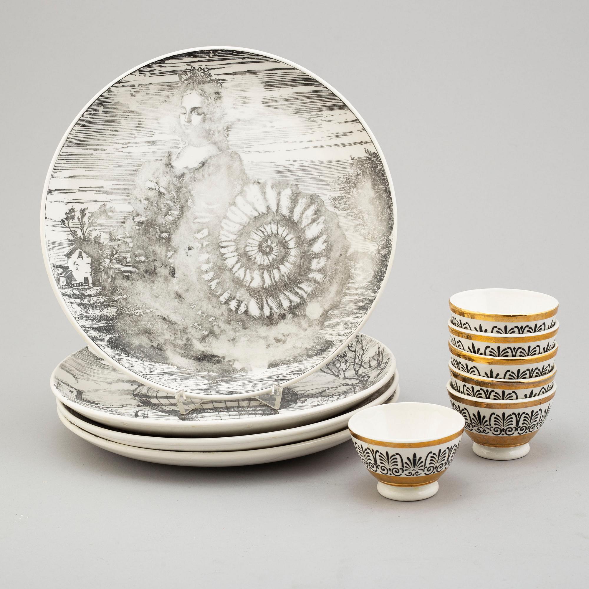 PIERO FORNASETTI, tallrikar, 4 st, samt skålar, 6 st, porslin, Milano, Italien.