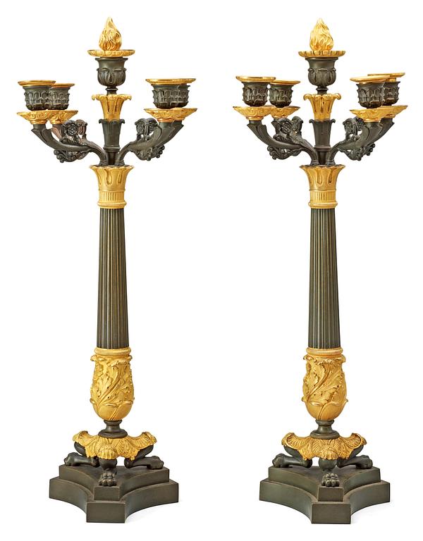 A pair of French Empire 19th century five-light candelabra.