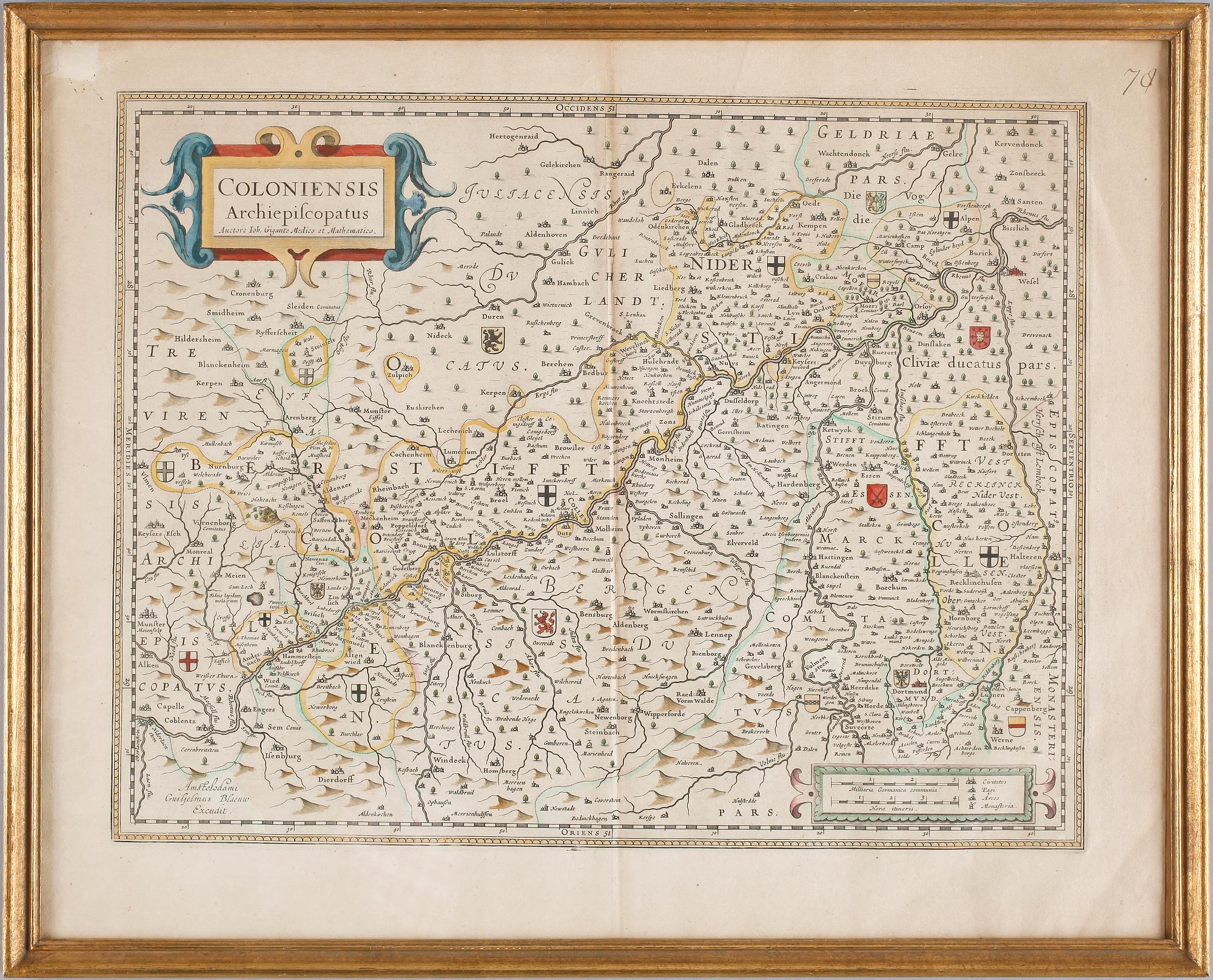 KARTA, handkolorerat kopparstick, Blaeu, 1600-talets mitt.