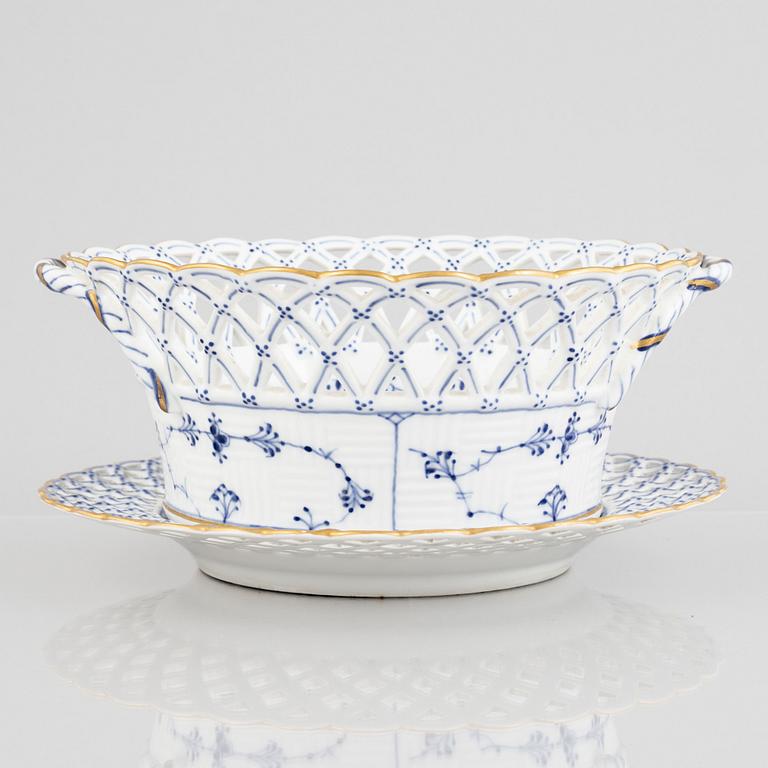 A 'Blue Fluted Full Lace' porcelain Fruit Bowl and Stand, Royal Copenhagen, model number 1052 and 1099, 1893-23.