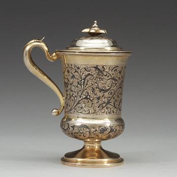 A Russian 19th century silver-gilt and niello cup and cover, unidentified makers mark, Moscow 1850.