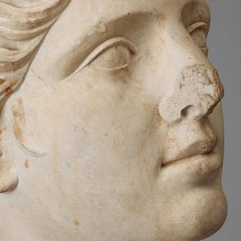 A marble portrait head of a woman with diadem, Roman 150 AD or later ie until modern times.