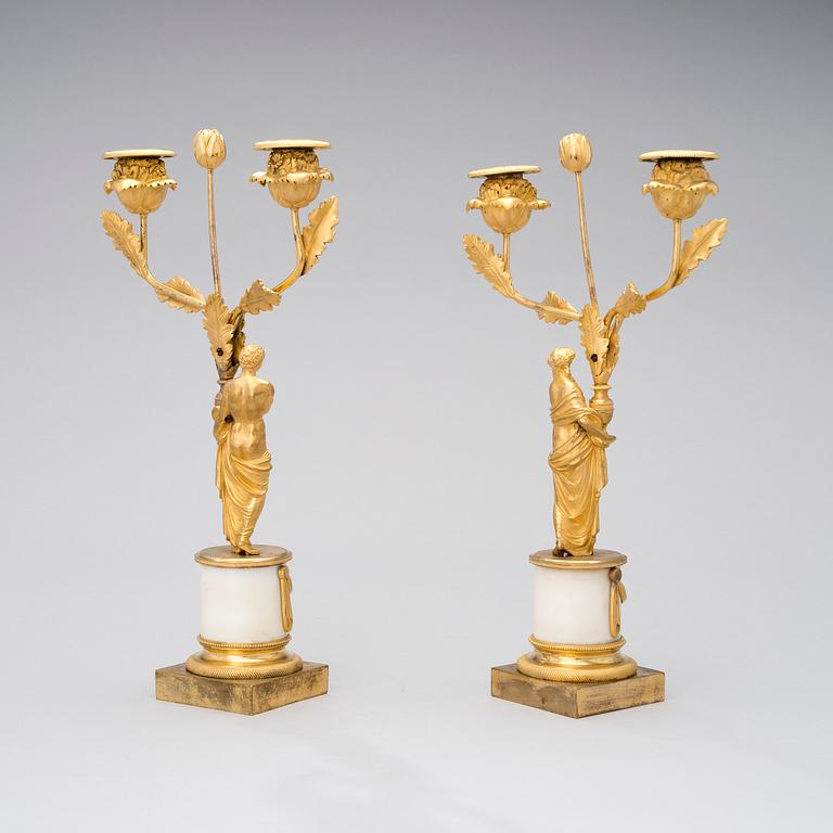 A PAIR OF LATE GUSTAVIAN CANDELABRAS, marble and gilt bronze, early 19th century.