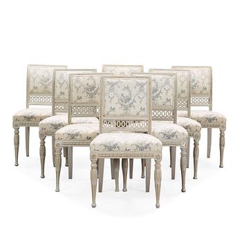 1243. Eight late Gustavian early 19th century chairs.