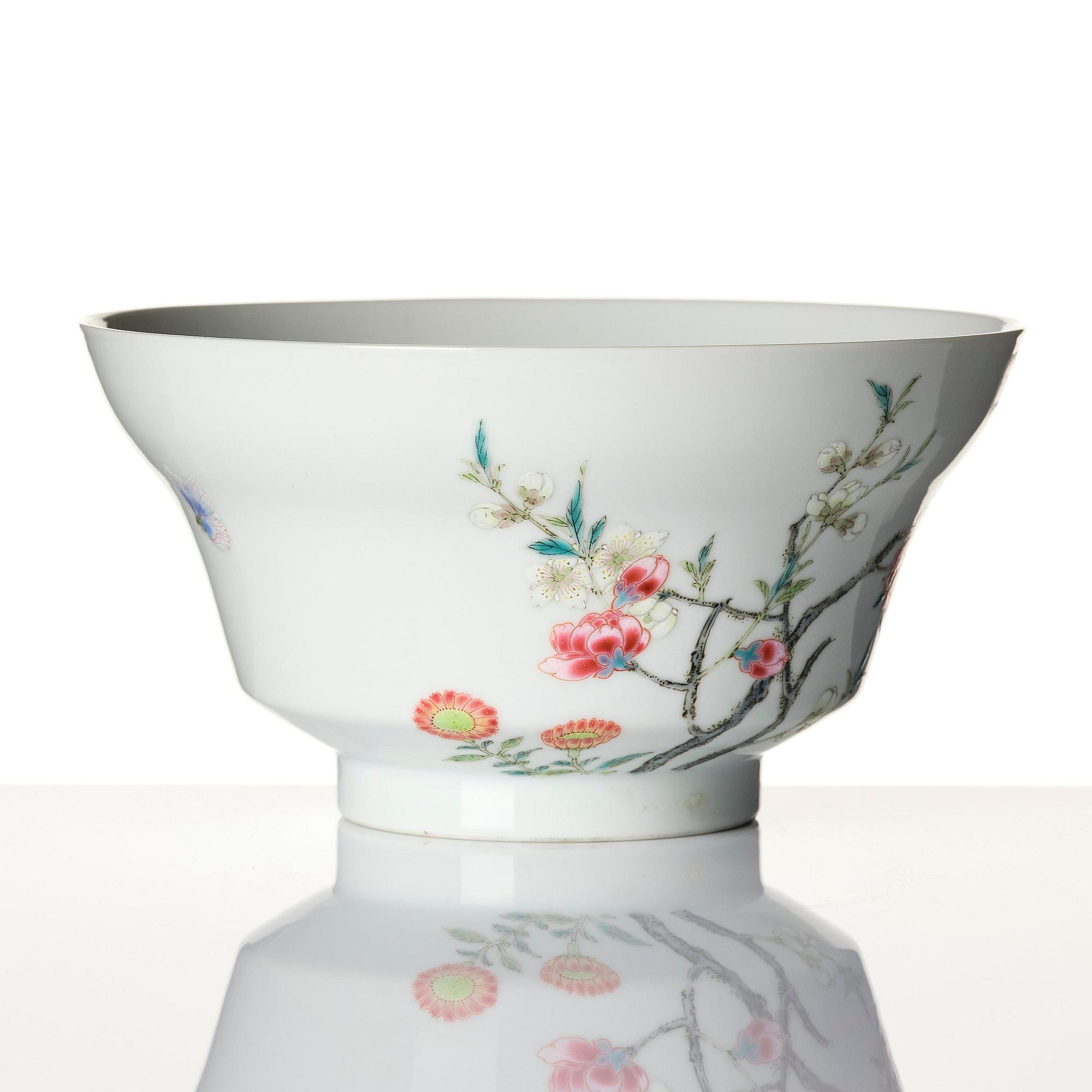 A fine famille rose ''prunus and magnolia' bowl, Qing dynasty.