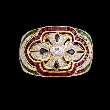 RING, 18 k guld, briljanter, safirer, smaragder, rubiner.