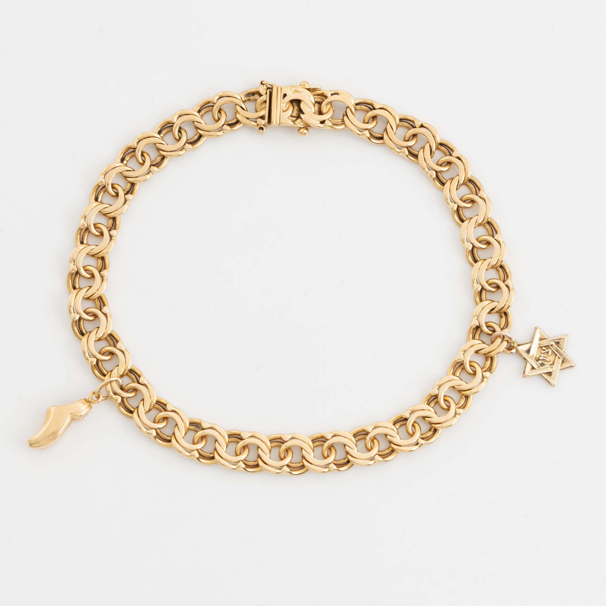 Armband 18K guld, bismarck, med två berlocker 14K guld.