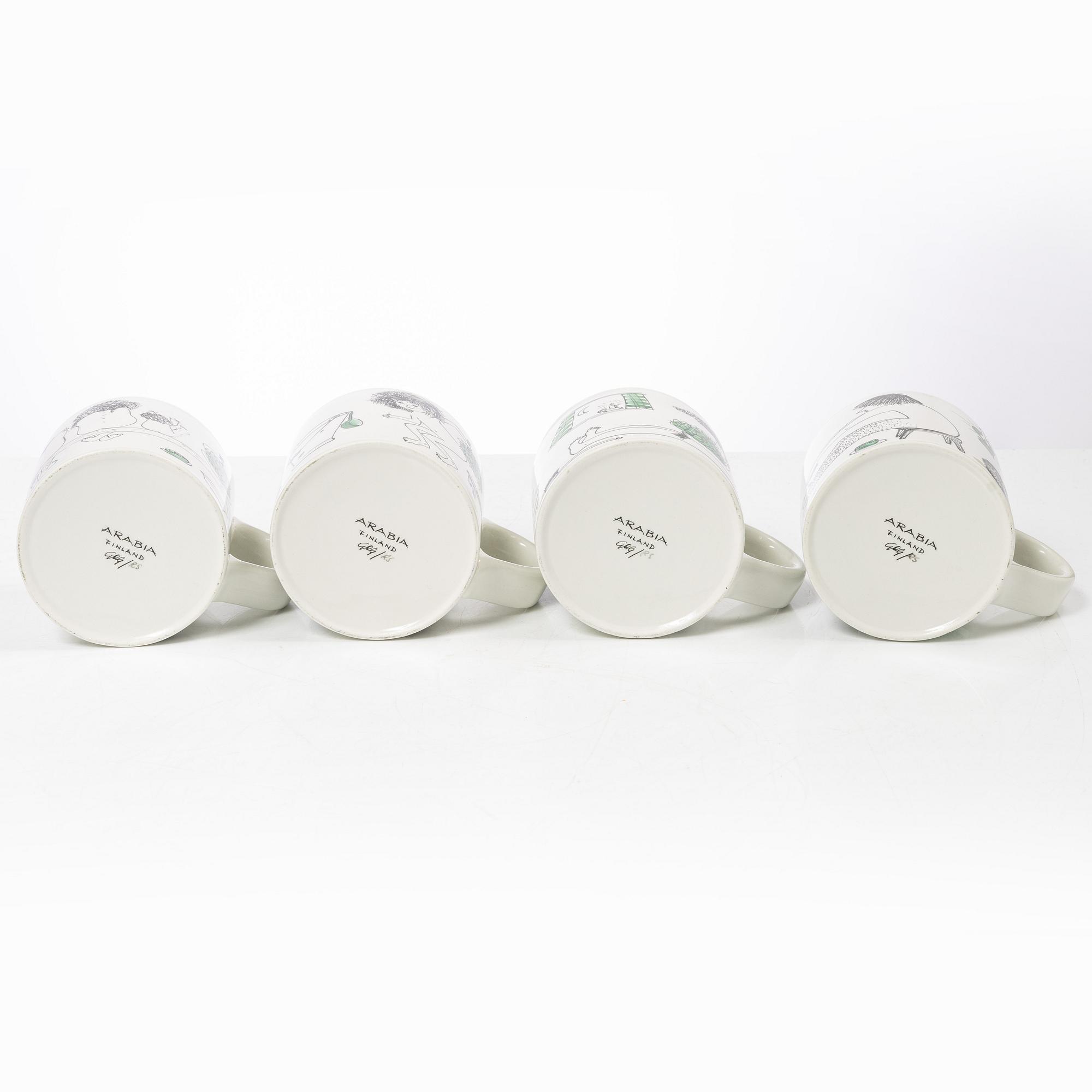 Gunvor Olin-Grönqvist, mugs, 4 pcs and a jug, Arabia, Finland, second half of the 20th century.