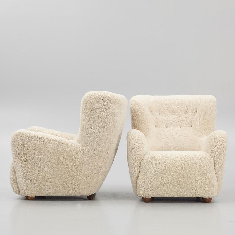 A pair of Danish Modern sheepskin armchairs, 1930's/40's.