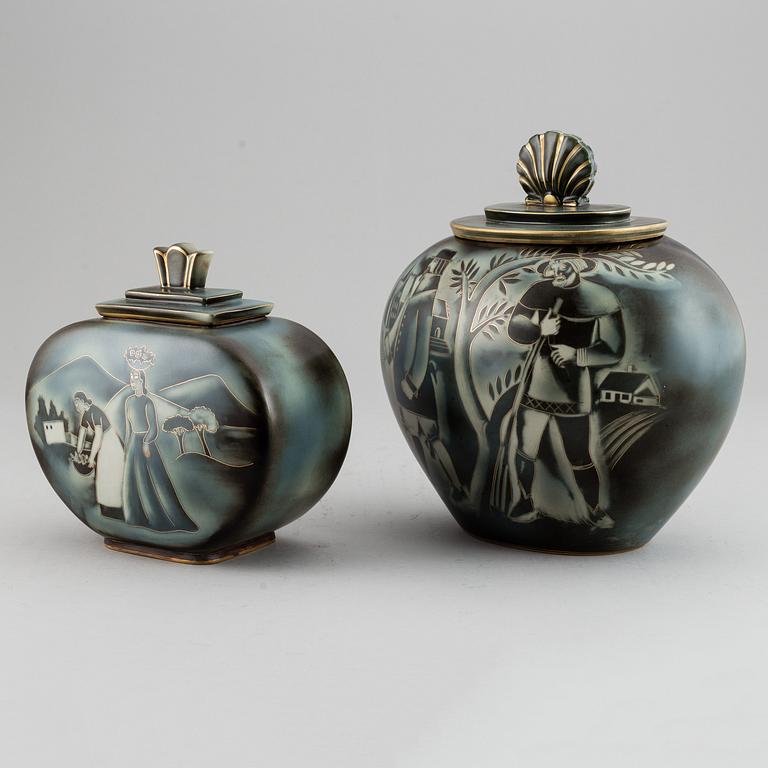 GUNNAR NYLUND, two "Flambé" stoneware urns with covers, Rörstrand, Sweden 1930-40's.