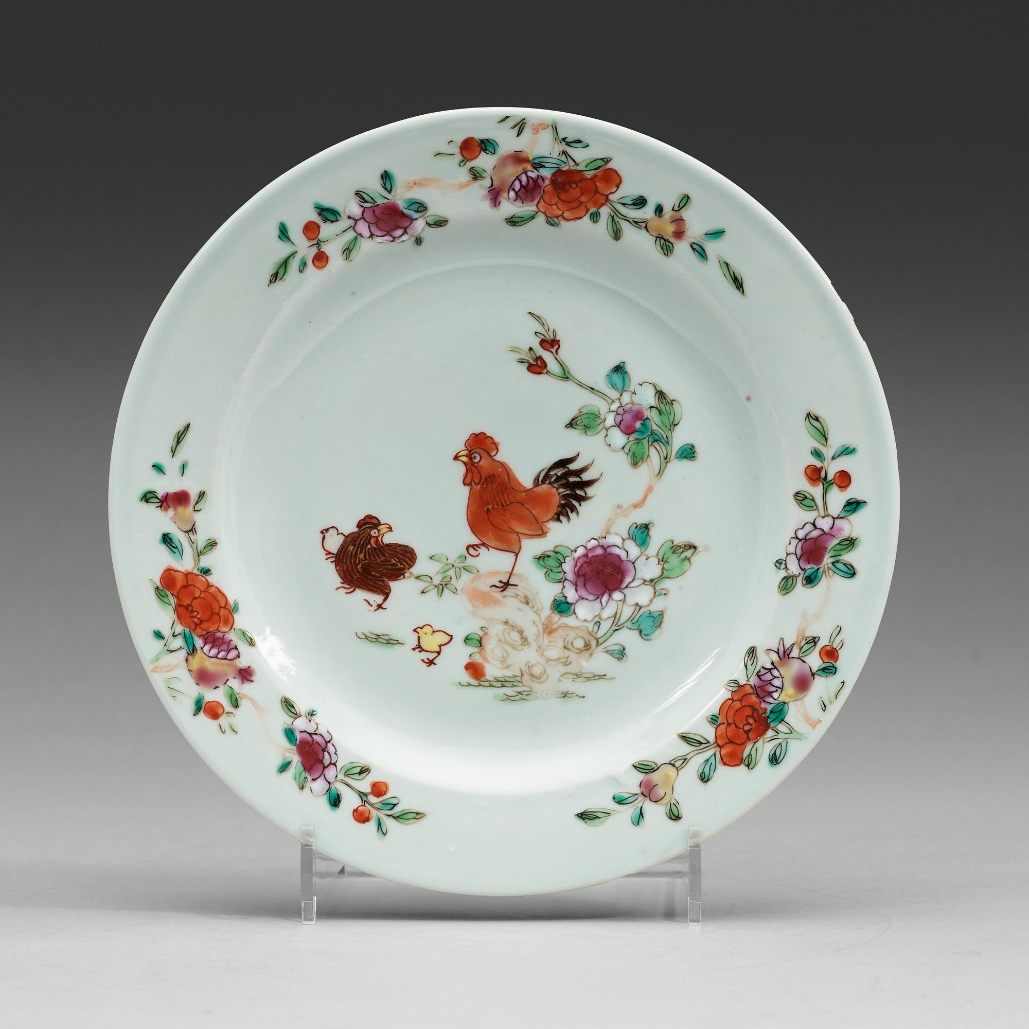 A set of six export porcelain famille rose 'Rooster' dessert dishes, Qing dynasty, Qianlong (1736-1795).