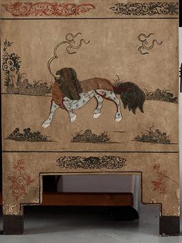 A painted and inlayed four-foulded screen, Qing dynasty (1644-1911).