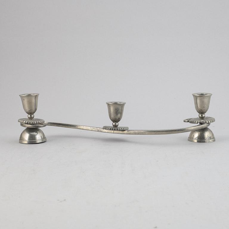 A three light pewter candelabrum, Just Andersen. Denmark.
