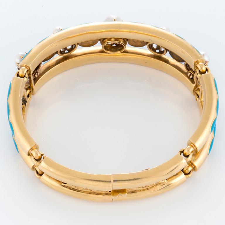 Labitte Frères armband 18K guld med emaljdekor samt rosenslipade diamanter och pärlor.