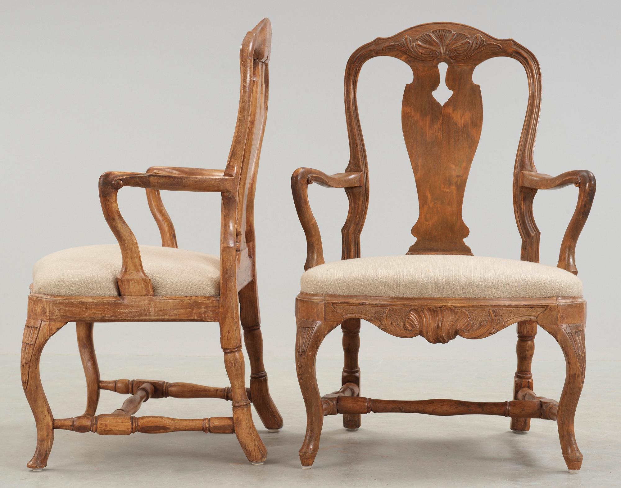 Two matched Swedish Rococo 18th century armchairs.