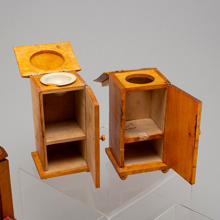 A china head doll and a 3 psc of doll furniture.
