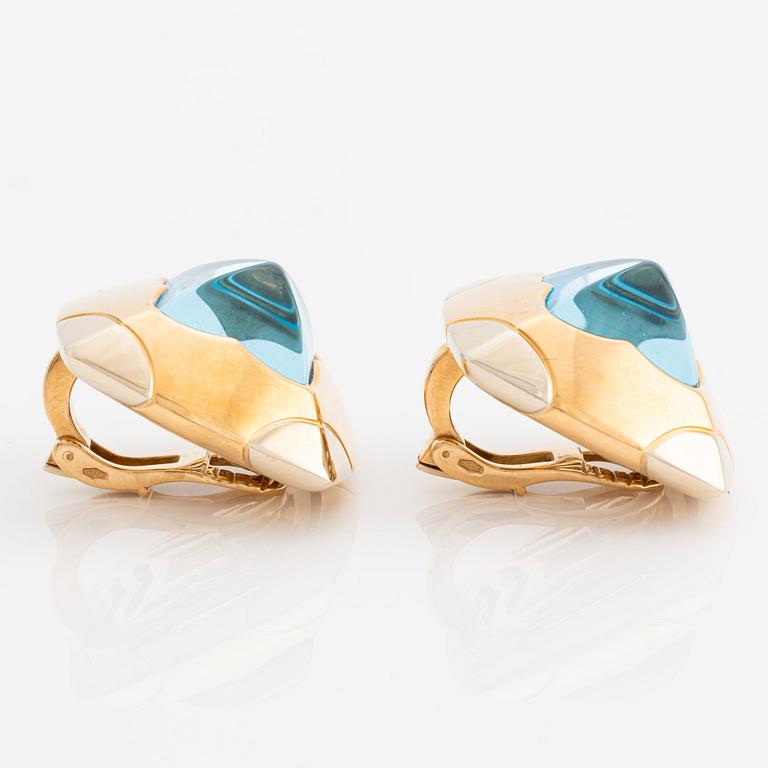 A pair of 18K gold Bulgari "Pyramid" earrings with sugarloaf shaped topaz.