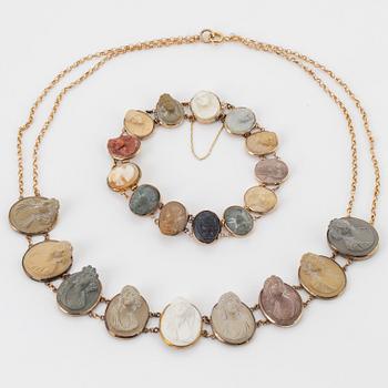 Silver and lava cameo necklace and bracelet.