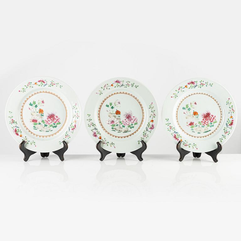 Three Famille Rose export porcelain plates, China, Qianlong (1736-95).