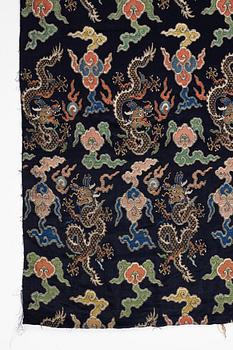 A set of three bolts of silk with 'five clawed dragons' against a midnight blue ground, Qing dynasty, 19th century.