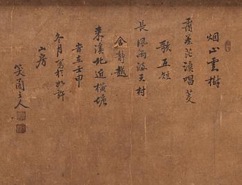 A large landscape painting signed Xiaolan Zhuren, ink and colour on paper, Qing dynasty.