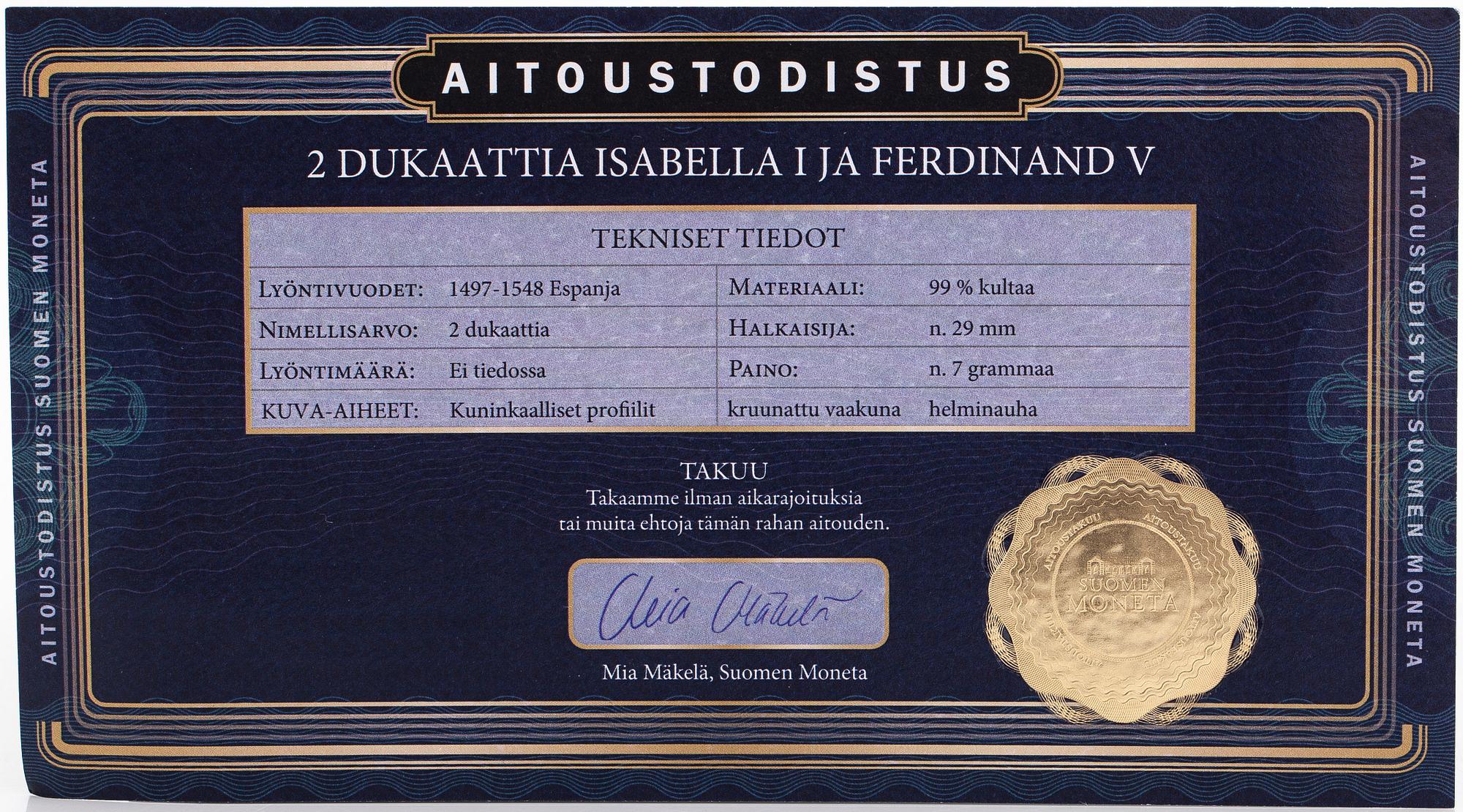 Coin, 2 ducats, Ferdinand V and Isabella I, gold 99%.