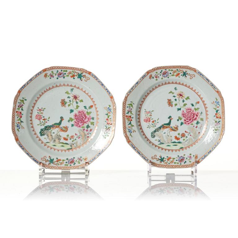 A set of six famille rose double peacock plates, Qing dynasty, Qianlong (1736-95).