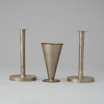 A pewter set probably designed by Björn Trägårdh, a vase and a pair of candlesticks, Svenskt Tenn, Stockholm 1928-29.