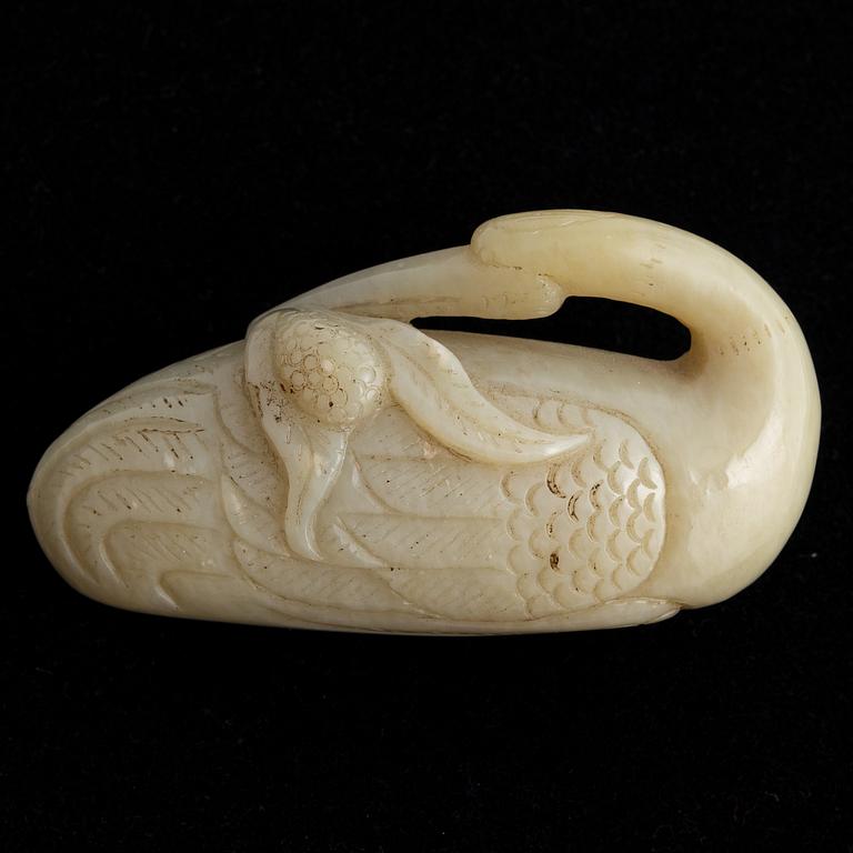 A nephrite sculpture of a mandarin duck, China, 20th Century.
