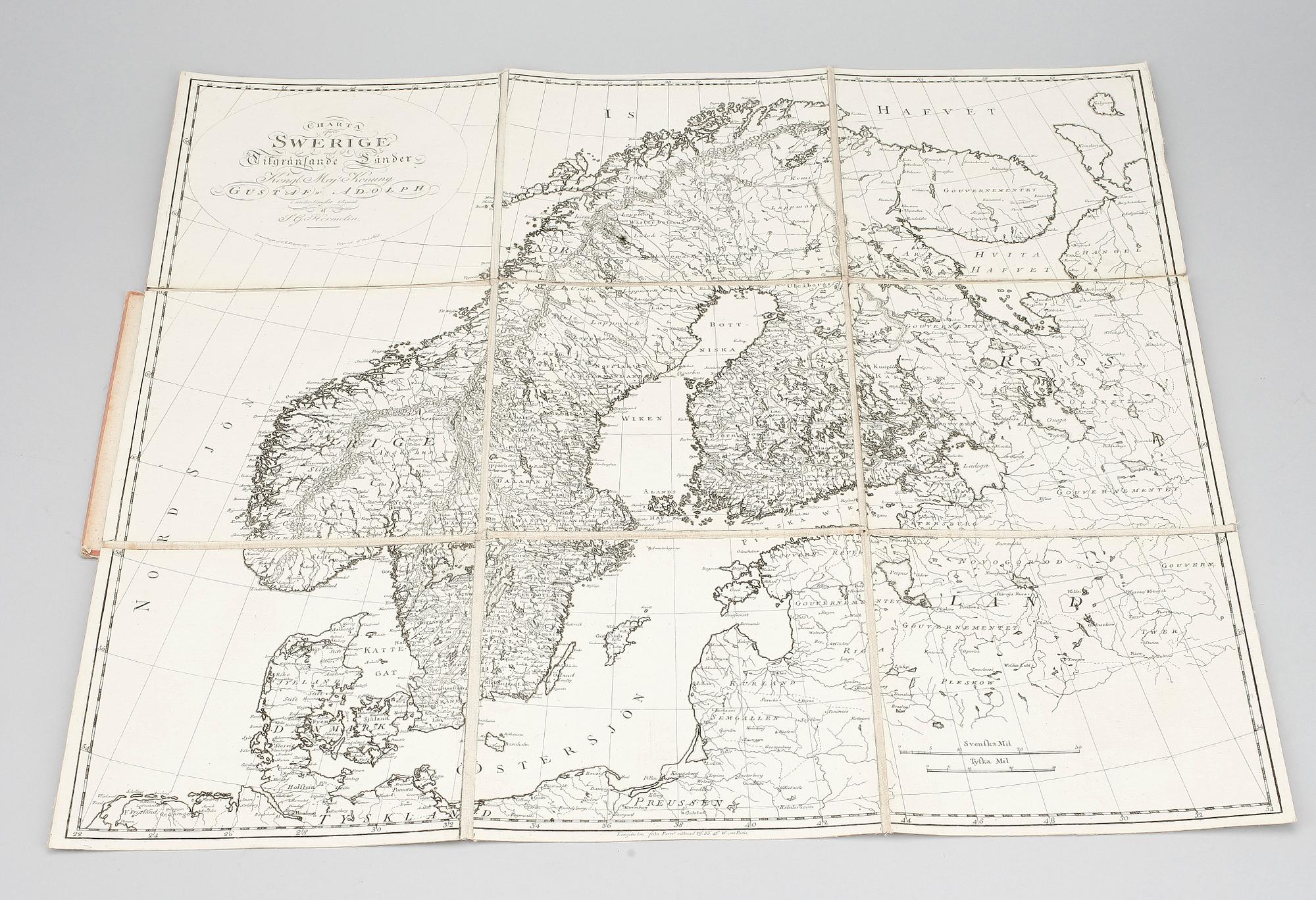 KARTA, "Charta öfver Swerige med tilgränsande länder", graverad av Fredrik Akrel, 1797.