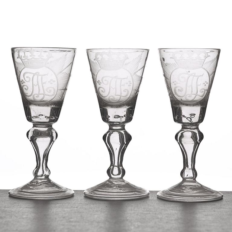 A set of three Swedish wine glasses, 18th Century.