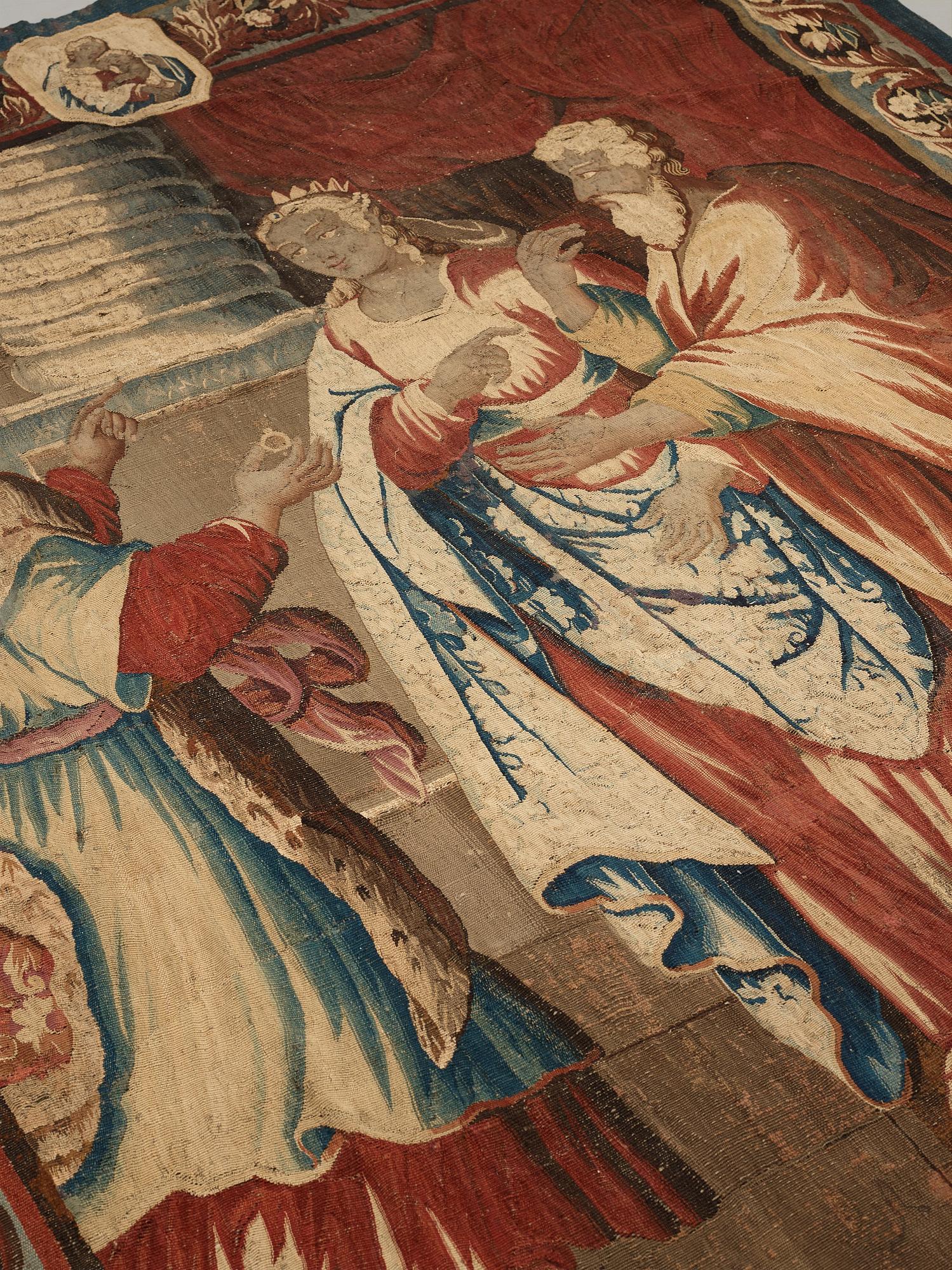 A TAPESTRY, tapestry weave, ca 299,5 x 212,5 cm, signed FOVRUIERES, 
DELANRIEVE.M.R.DABUSSON, Aubusson 17th century.