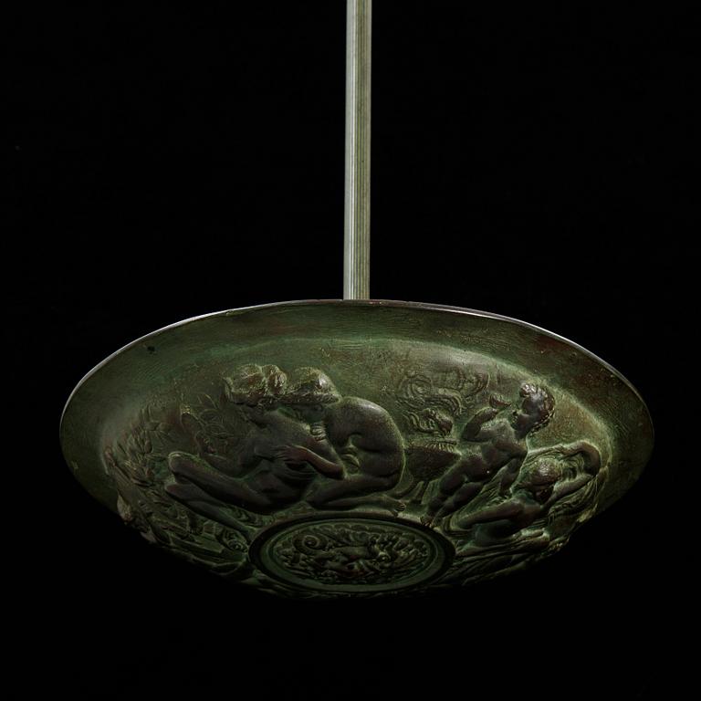A bronze art déco ceiling light, Bracia Łopieńscy, Warszaw, 1920's/30's.
