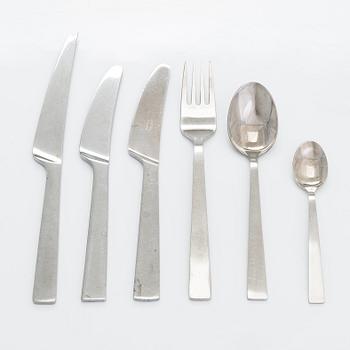 Beretl Gardberg, cutlery 56 pcs, and a lidded bowl, stainless steel, Sorsakoski, Fiskars, latter half the 20th century.