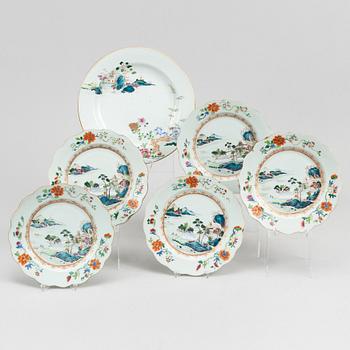 A famille rose dish and five plates, Qing dynasty, Yongzhen (1723-35).