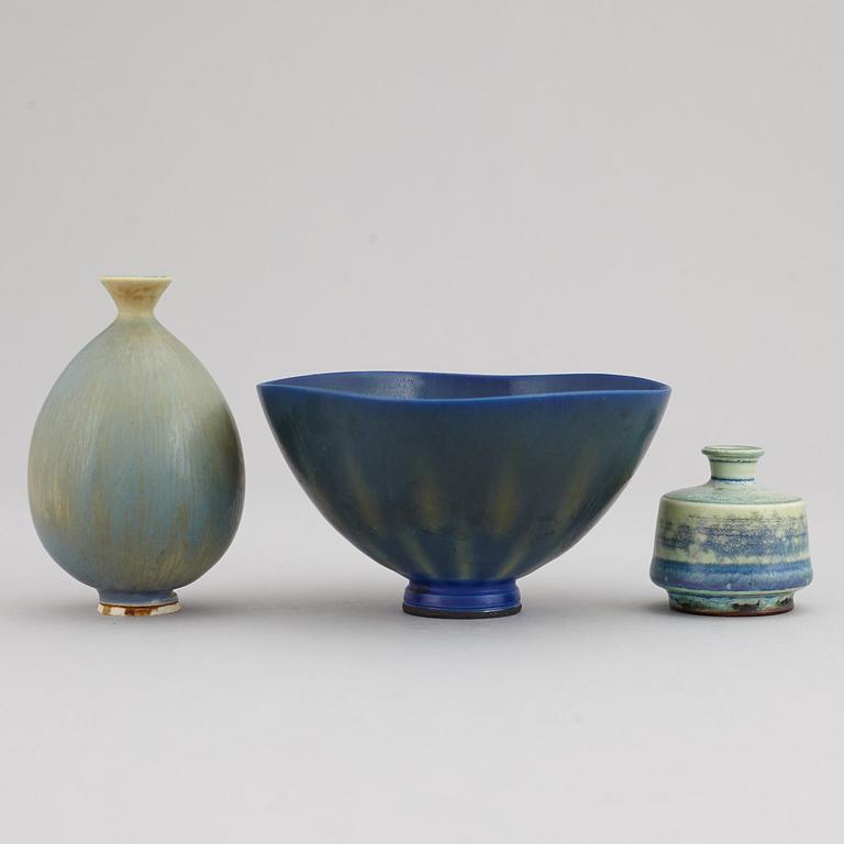 BERNDT FRIBERG, two stoneware miniature vases and a bowl, Gustavsberg studio, Sweden.