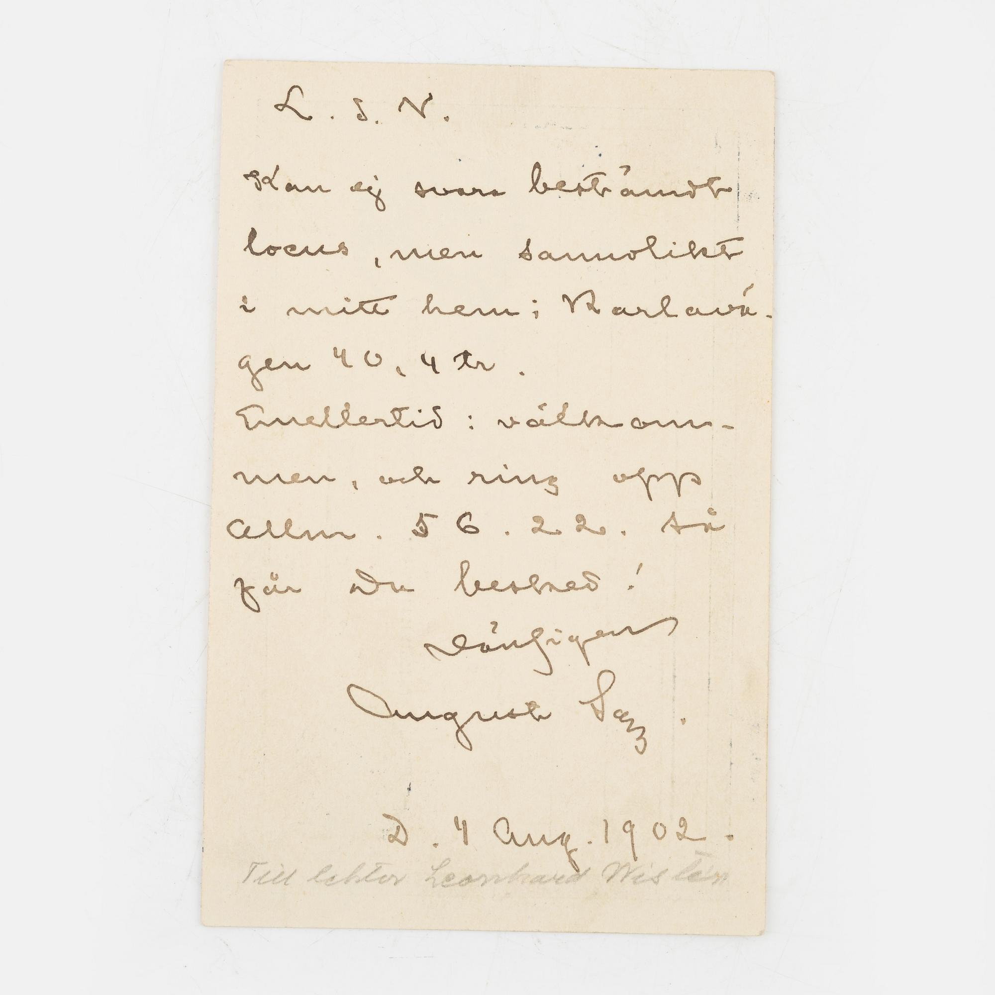 Handskrivet brevkort av Strindberg, 1902.