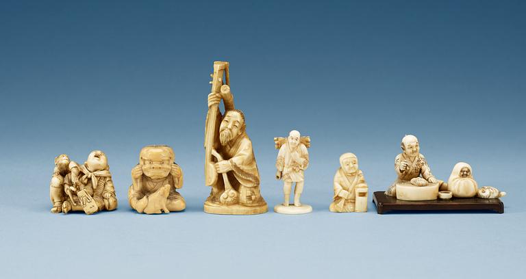 A set of six Japanese ivory and horn okimonos, Meiji period, ca 1900.