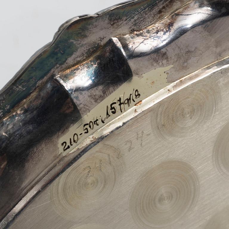 Cream jug, sugar bowl, and tray, silver, Rococo style, 20th century.